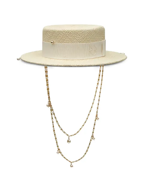 Ruslan Baginskiy chain-strap straw boater hat Neutrals DOUBLECHAINSTRAPSTRAWBOATERHAT