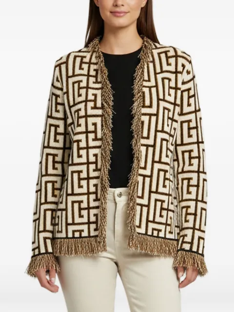 Balmain Pre-Owned monogram jacquard fringed cardigan Neutrals 1377341