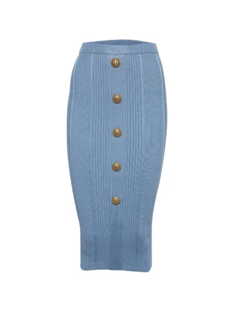 Balmain Pre-Owned rib-knit button-embellished fitted midi skirt Blue 1378348