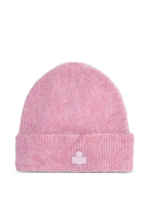 ISABEL MARANT logo-patch ribbed-knit beanie hat Pink 26ABE005MFAD3D01A40LK
