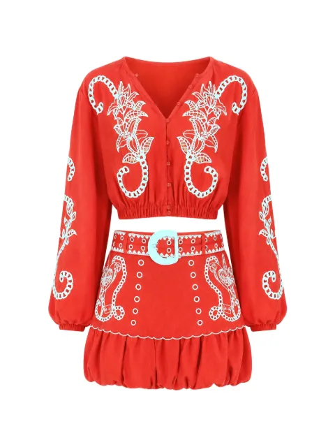 FARM Rio Richilieu embroidered cropped blouse Red 369881