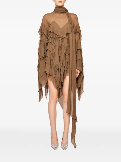 Blumarine ruffled long-sleeve asymmetric dress Brown 4A409AN0592
