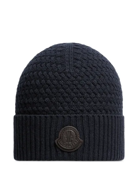 Moncler logo-patch cable-knit beanie hat Blue L20913B00026M4281