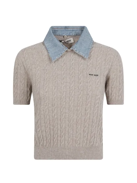 Miu Miu cable-knit denim-collar sweater Neutrals MML08DSOOO6342