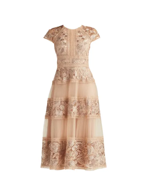 Tadashi Shoji Tamsin floral-embroidered tiered midi dress Neutrals CDP25752MDPEBBL