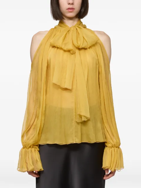 Atu Body Couture cold-shoulder pussy-bow blouse Yellow AT26146