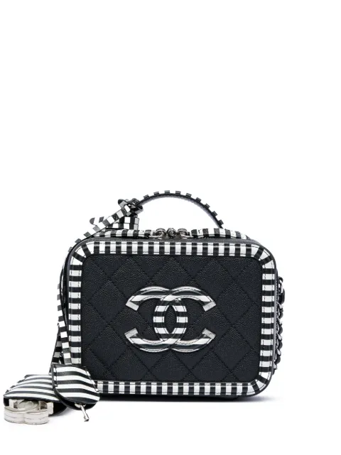 CHANEL Pre-Owned 2019 Small Caviar Striped CC Filigree Vanity Case satchel Black R3HCR9LGM59E643D