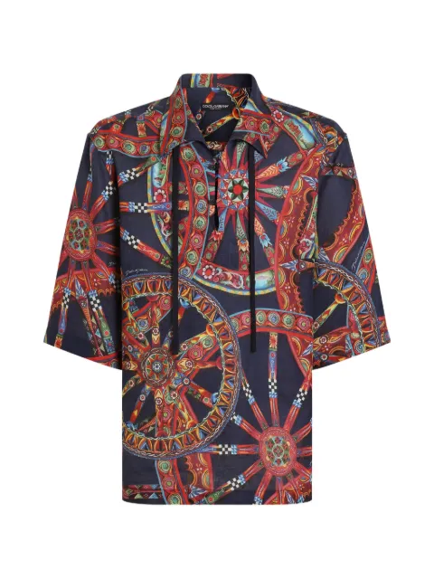 Dolce & Gabbana Carretto-print lace-up shirt Blue G5OS3TFS4H2