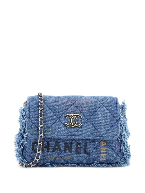 CHANEL Pre-Owned Denim Mood Flap Clutch with Chain Logo Printed Quilted Fringe Denim crossbody bag Blue CX94RJ7N0AD5OF98