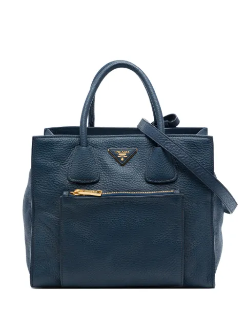 Prada Pre-Owned 2010-2026 Vitello Daino Front Pocket Open Convertible Tote satchel Blue 736CFCBTNYV65NJM