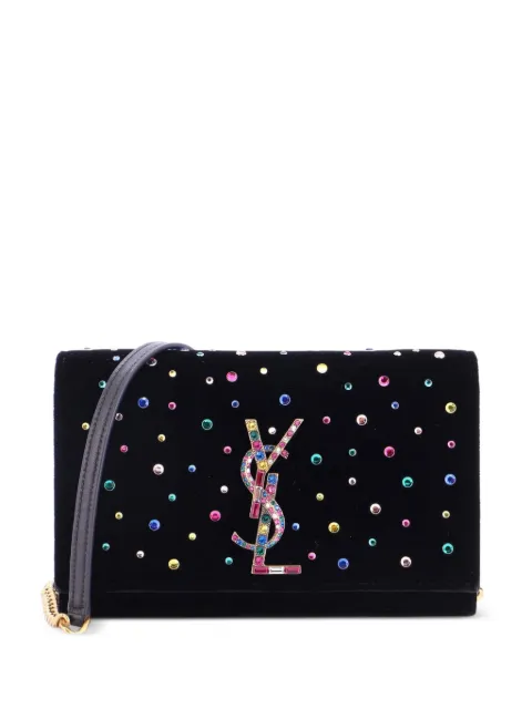 Saint Laurent Pre-Owned Classic Monogram Wallet on Chain Embellished Velvet crossbody bag Black GTVLV0QJ2CBIETW2