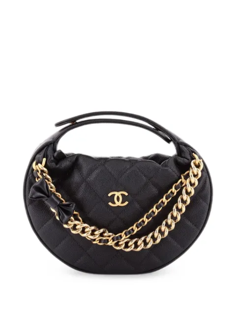 CHANEL Pre-Owned Double Chain Bow Pouch Quilted Caviar Mini hobo bag Black 8KHK4IGX099JWLWA