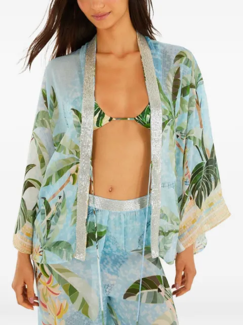 FARM Rio beaded-trim tropical-print kimono Blue 260462