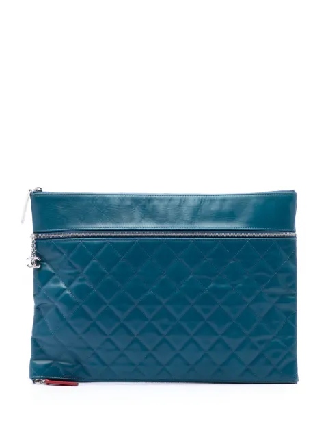 CHANEL Pre-Owned 2013-2014 CC Quilted Lambskin Multi Zip clutch bag Blue W7W9KJG6PXW7TZA4