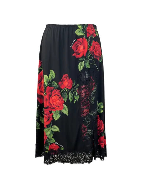 Dolce & Gabbana rose-print lace-trim skirt Black F4DE2TFSA9R