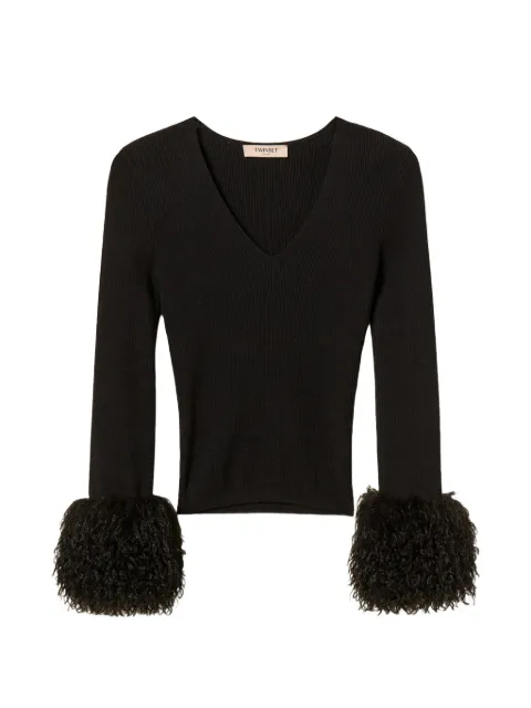 TWINSET rib knit jumper with faux fur Black 262TT3261