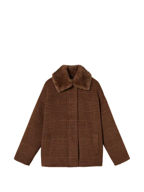 TWINSET wool cloth check caban coat with faux fur Brown 262AT2200