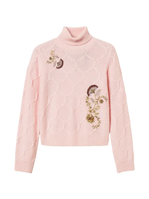 TWINSET turtleneck wool jumper with floral embroidery Pink 262AP3190