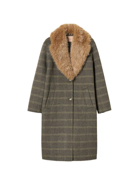 TWINSET chequered double wool coat with faux-fur Grey 262TP2220