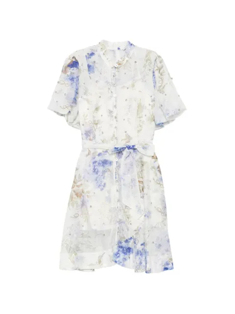 Paper Lace crystal-embellished floral-print mini shirt dress White P26A101