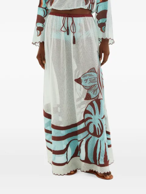 FARM Rio fish-print scalloped-edge long skirt White 260446