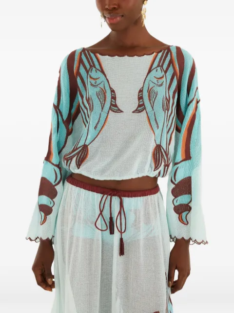 FARM Rio fish-print open-knit blouse White 260445