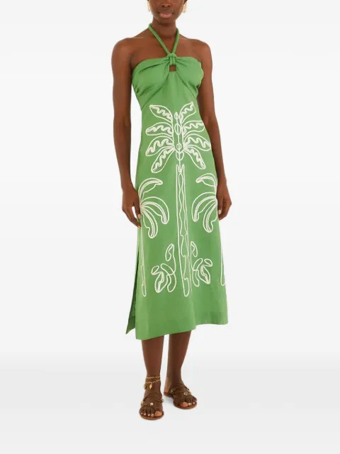 FARM Rio palm-tree embroidery midi dress Green 355814