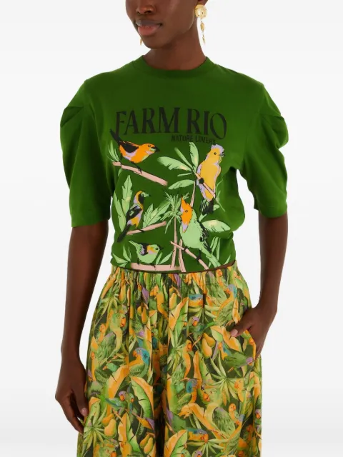 FARM Rio puff-sleeves graphic-print T-shirt Green 356436