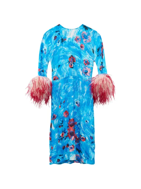 Prada Pre-Owned 2017 feather-trim floral-print midi dress Blue CSVM9354