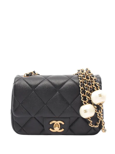 CHANEL Pre-Owned 2021-2026 Mini Quilted Lambskin Pearl Strap Flap crossbody bag Black FU10UKDM6LHISXAY