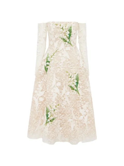 Leo Lin floral-embroidered lace-overlay midi dress White LLFW26090CREAM