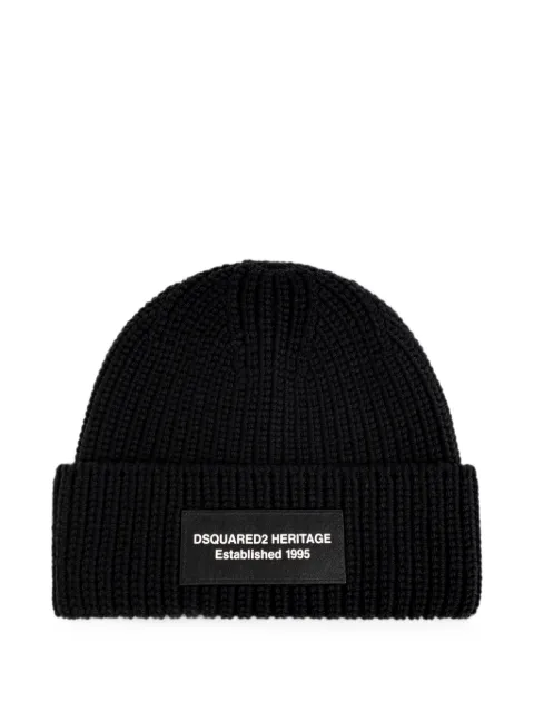 DSQUARED2 Heritage logo-patch ribbed-knit beanie hat Black KNM021801W00306