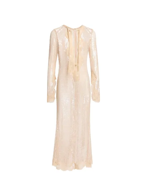 Elie Saab sequin-embellished lace-trim midi dress Neutrals D1044NR26TUL03