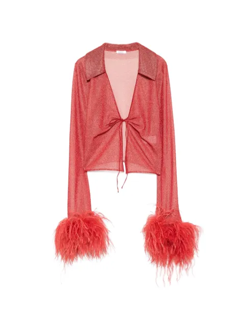 Oséree feather-trimmed metallic-thread top Red LCF257LUREXPLUMAGE