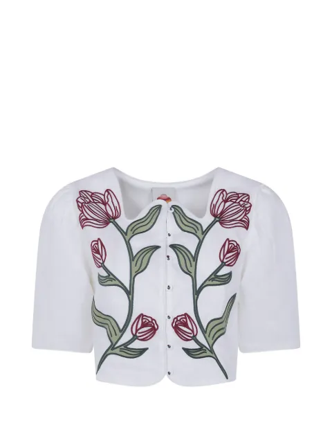 FARM Rio floral-embroidered puff-sleeve top White 356499