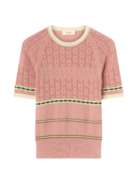 RETORI floral-stitch striped T-shirt Pink 03WKNTO162CS07