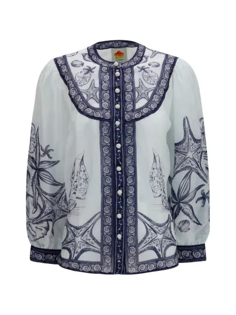 FARM Rio seaside-print ramie long-sleeve shirt White 356225
