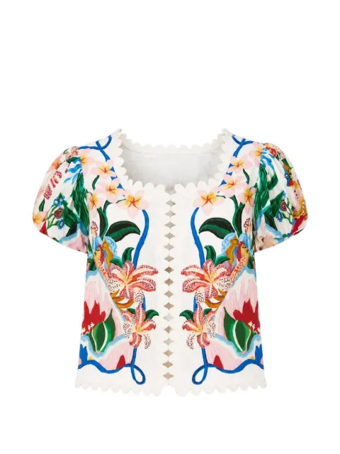 FARM Rio Garden Of Life floral-print scallop-edge top White 363552