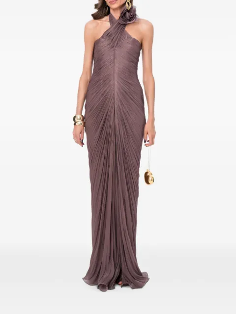 Ana Radu floral-detail pleated maxi gown Brown 48639
