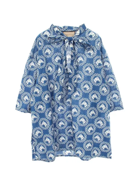 Gucci Pre-Owned 2010s horse-print bow tie blouse Blue 1079454