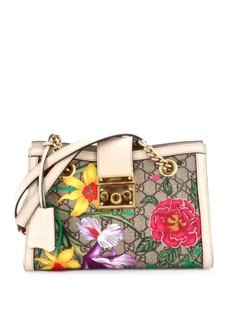 Gucci Pre-Owned Padlock Chain Tote Flora GG Coated Canvas Small shoulder bag Brown XXUWM8DS9EVS6XU0