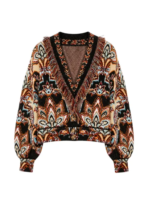 FARM Rio fringe-trim intarsia-knit cardigan Neutrals 360278