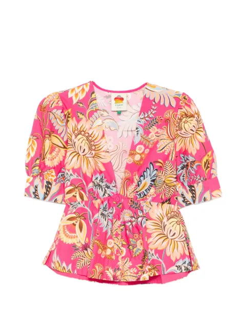 FARM Rio pink Ligia floral puff sleeve organic cotton blouse Pink 369894