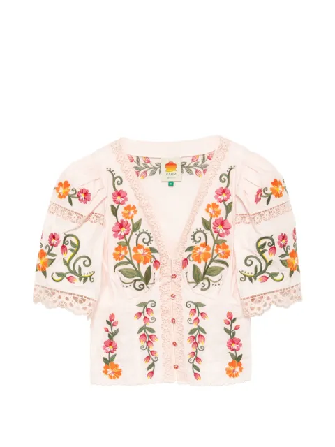 FARM Rio flower embroidered puff-sleeve blouse Pink 369880
