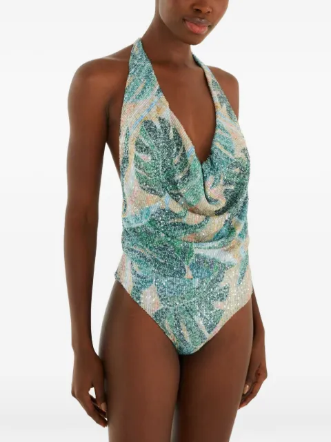 FARM Rio sequin-embellished halterneck swimsuit Green 260453