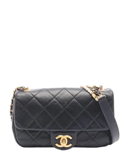 CHANEL Pre-Owned 2020 Mini Quilted Calfskin Crystal Pearls Chain Flap crossbody bag Black JAOCF2PT4YMZNKSY