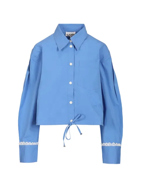 GANNI lace-trim crop shirt Blue A1140