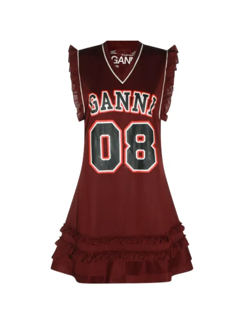 GANNI ruffle-trim logo-print mini dress Red A1030538