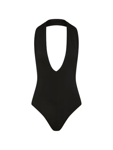 BONDI BORN Blair halterneck plunge-neck swimsuit Black EMM058WBLK