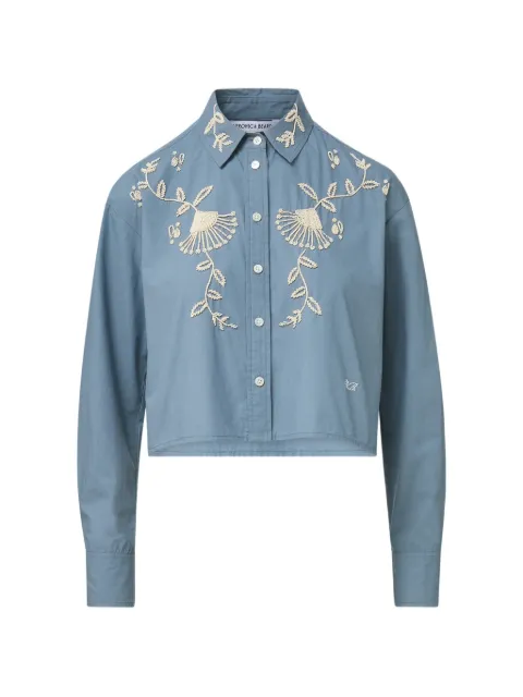 Veronica Beard Aderes bead-embellished cropped cotton shirt Blue 2606EM12840549